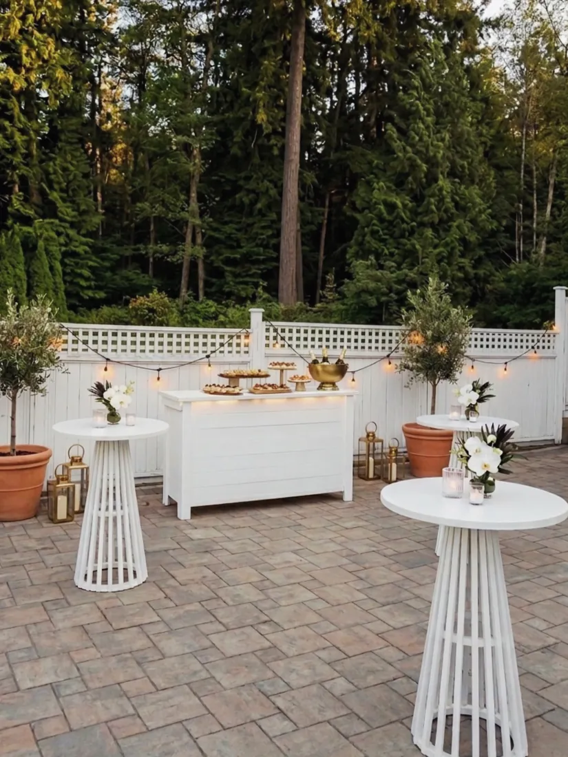 6ft white bar backyard set-up with standing cocktail tables