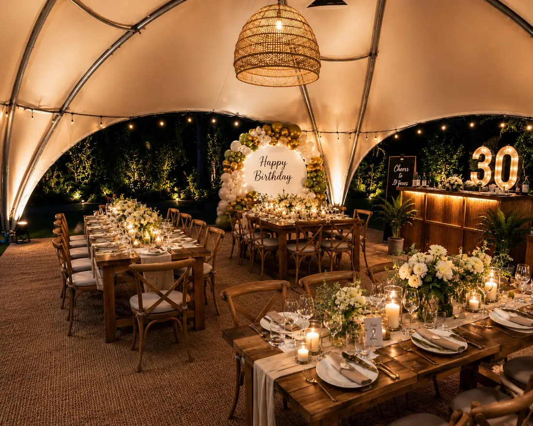 Backyard birthday celebration under a tent