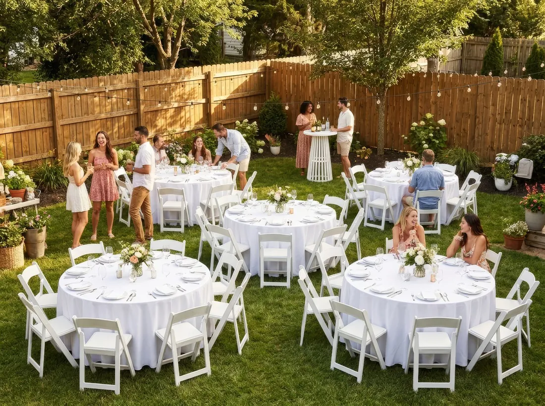 Backyard table and chair reception setup
