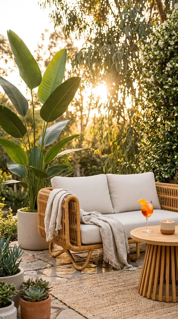 Curated lounge environment under warm string lights
